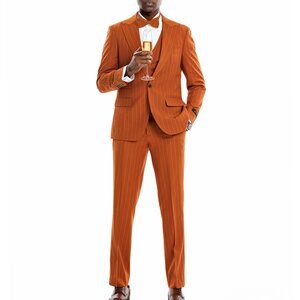 Rust Pinstriped 3 Piece Peak Lapel Skinny Fit Tazzio Men's Suit